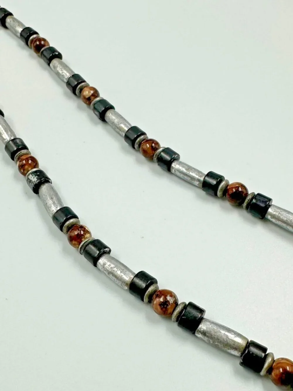 3/$30 Mens Necklace Silver Tone Tube Beads Black Brown Rustic Beaded 16 Inch